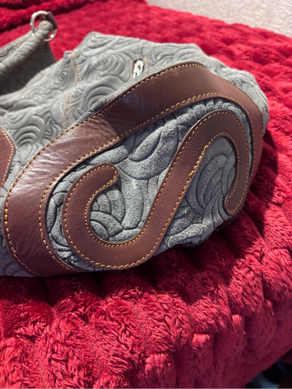 Italian Leather Bag Gray Embossed Shoulder Hobo Bag with Brown Leather Swirls - Picture 5 of 13